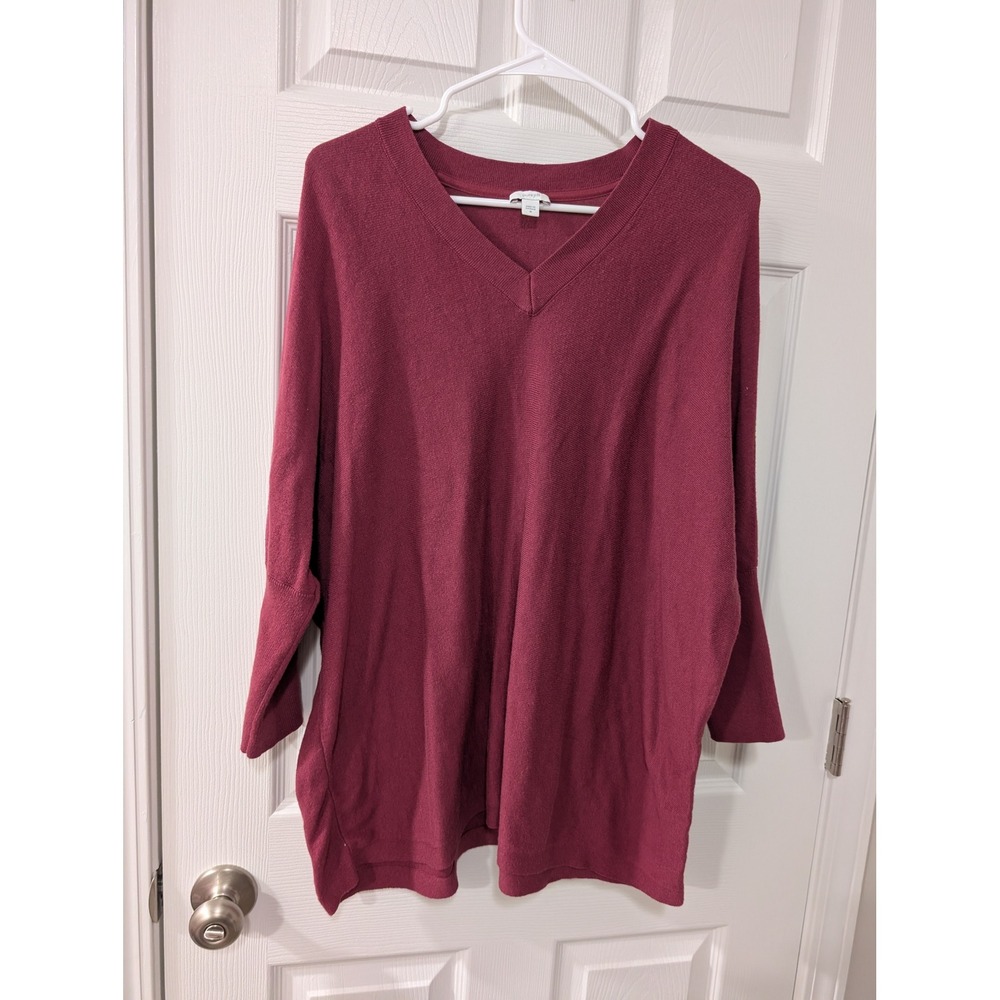 PureJill Medium, Oversized V-Neck Sweater, Drop Shoulder,‎ Maroon, Relaxed